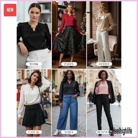 Long Sleeve Satin Blouse, Hip-Length Fit, Keyhole Neck, Business Casual - Picture 7 of 8